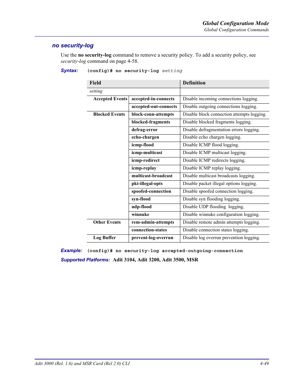 No security-log | Carrier Access Adit 3000 Series and Multi-Service Router (MSR) Card none User Manual | Page 175 / 496