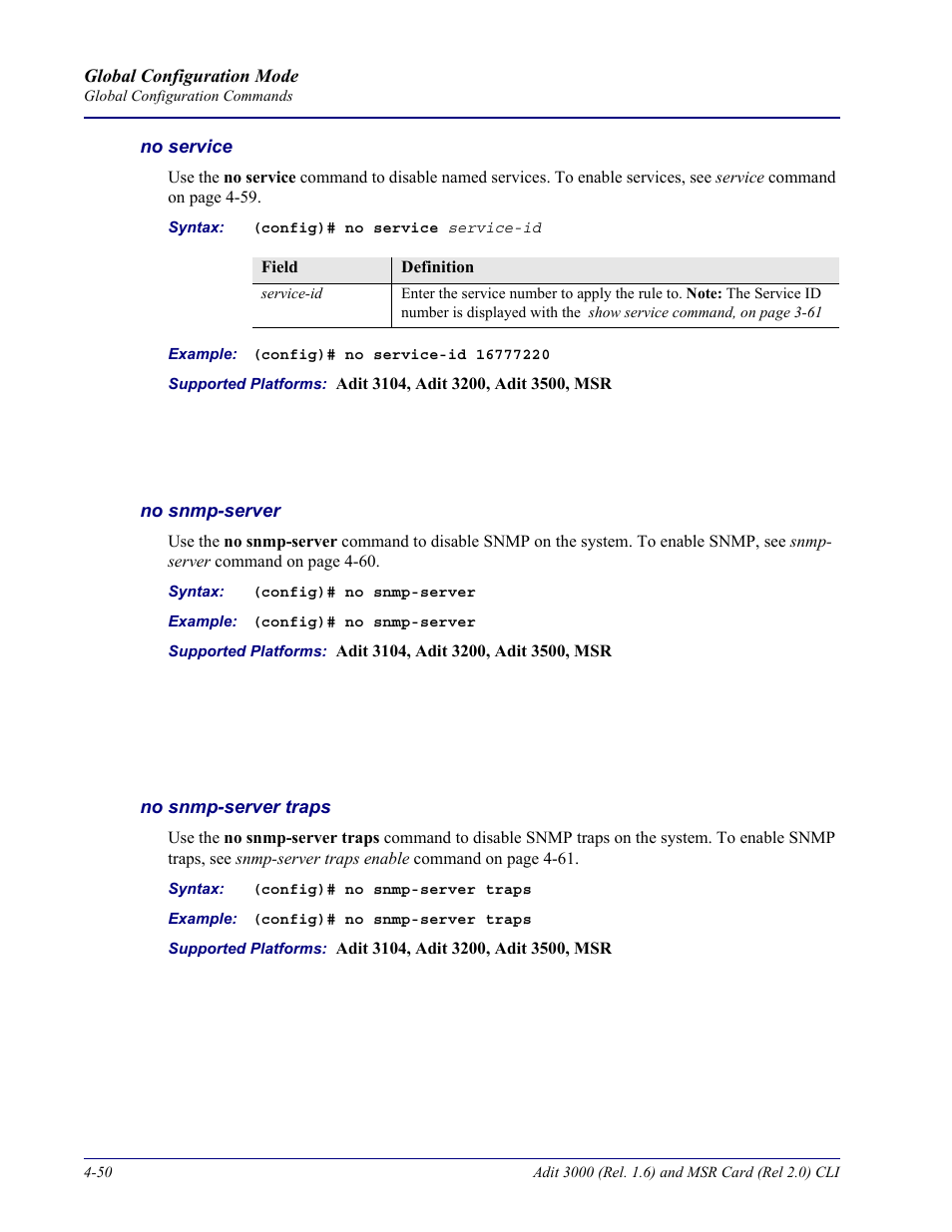 No service, No snmp-server, No snmp-server traps | Carrier Access Adit 3000 Series and Multi-Service Router (MSR) Card none User Manual | Page 176 / 496