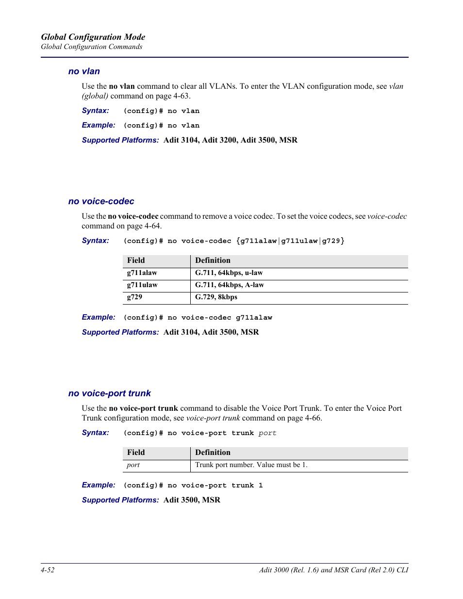 No vlan, No voice-codec, No voice-port trunk | Carrier Access Adit 3000 Series and Multi-Service Router (MSR) Card none User Manual | Page 178 / 496