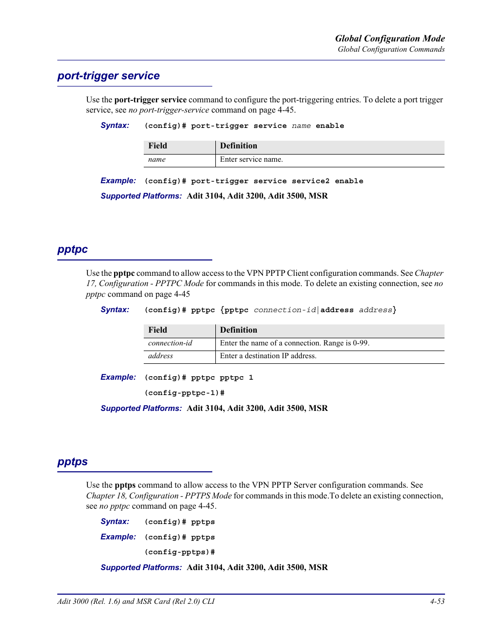 Port-trigger service, Pptpc, Pptps | Port-trigger service -53 pptpc -53 pptps -53 | Carrier Access Adit 3000 Series and Multi-Service Router (MSR) Card none User Manual | Page 179 / 496