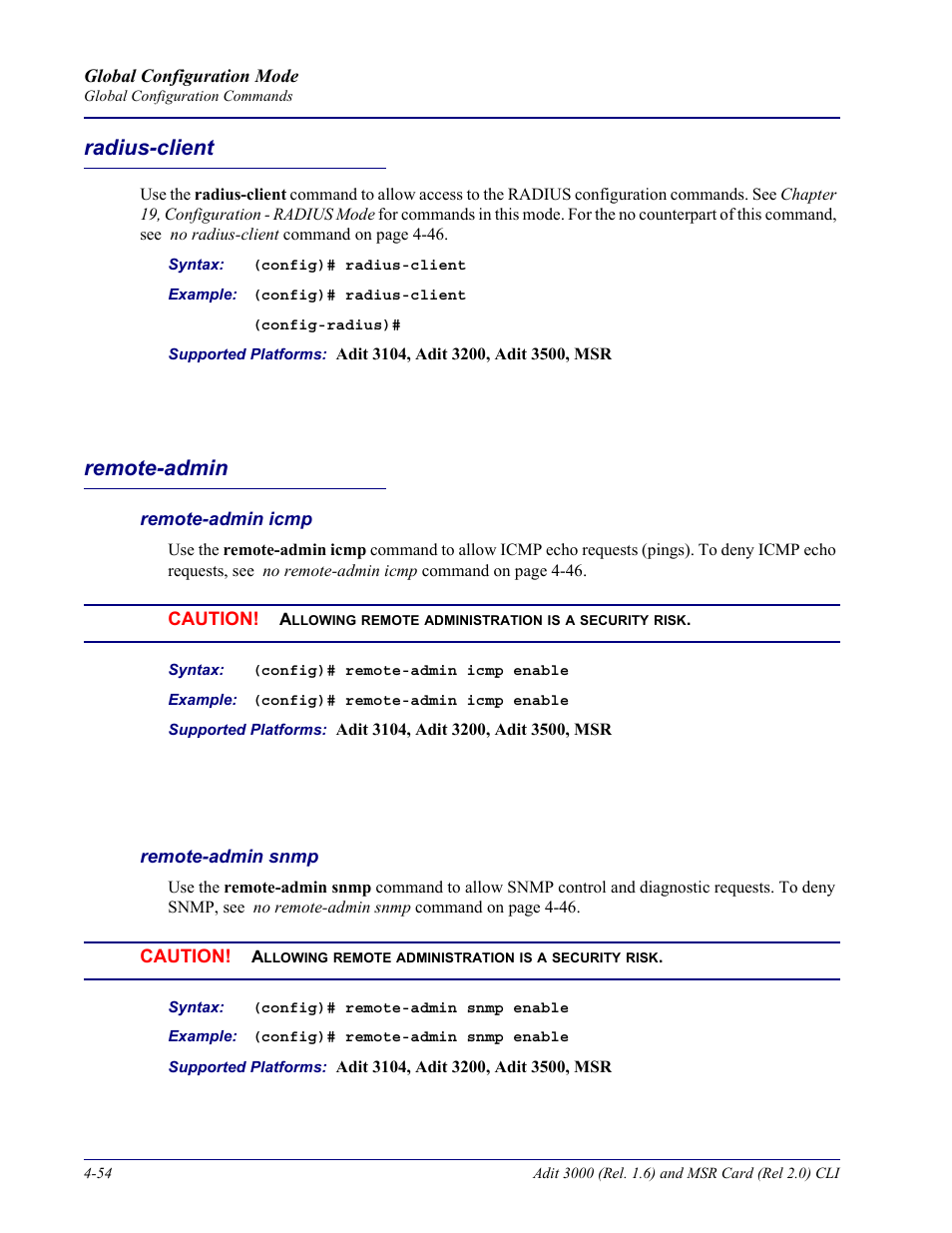 Radius-client, Remote-admin, Remote-admin icmp | Remote-admin snmp, Radius-client -54, Remote-admin -54 | Carrier Access Adit 3000 Series and Multi-Service Router (MSR) Card none User Manual | Page 180 / 496