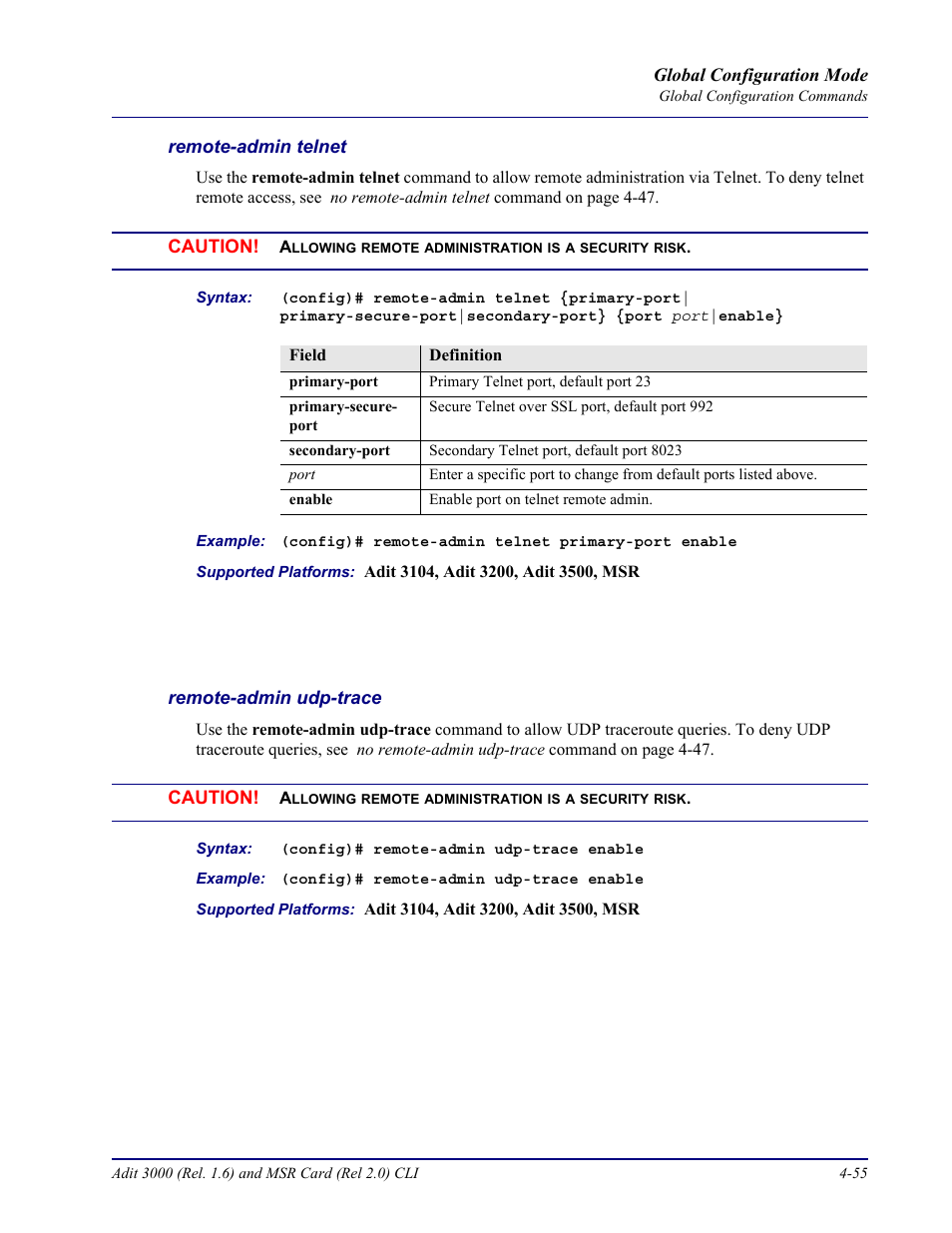 Remote-admin telnet, Remote-admin udp-trace | Carrier Access Adit 3000 Series and Multi-Service Router (MSR) Card none User Manual | Page 181 / 496