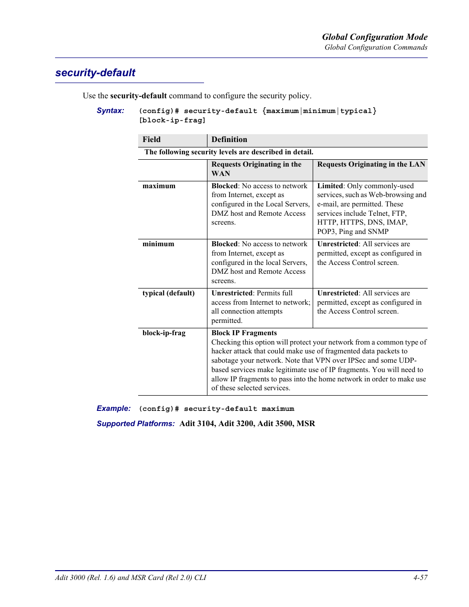 Security-default, Security-default -57 | Carrier Access Adit 3000 Series and Multi-Service Router (MSR) Card none User Manual | Page 183 / 496