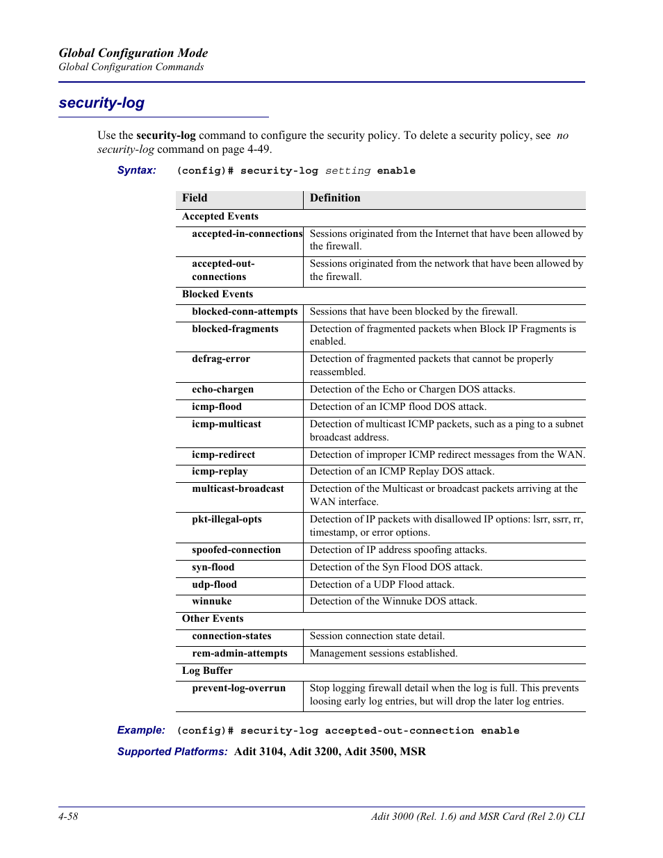 Security-log, Security-log -58 | Carrier Access Adit 3000 Series and Multi-Service Router (MSR) Card none User Manual | Page 184 / 496