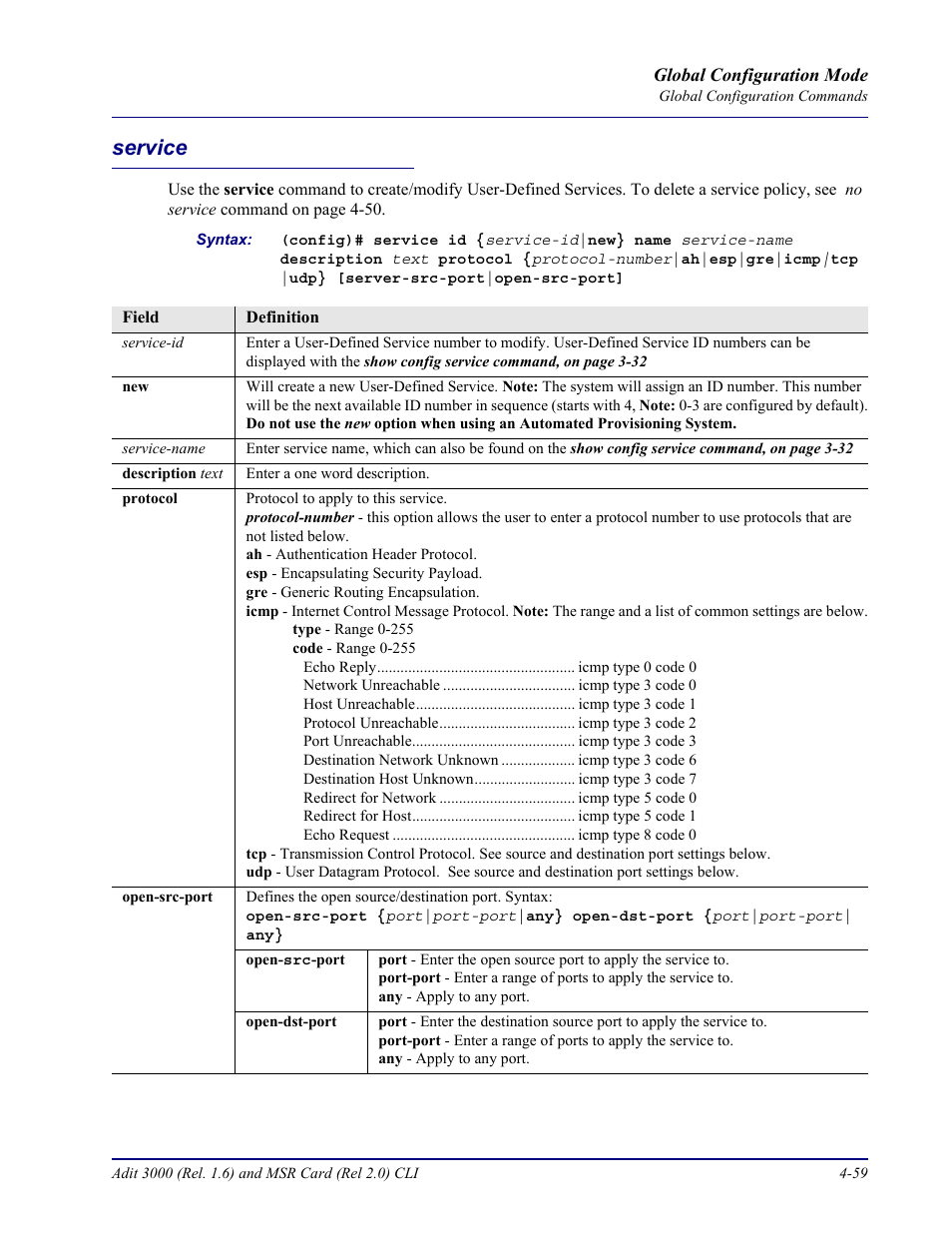 Service, Service -59 | Carrier Access Adit 3000 Series and Multi-Service Router (MSR) Card none User Manual | Page 185 / 496