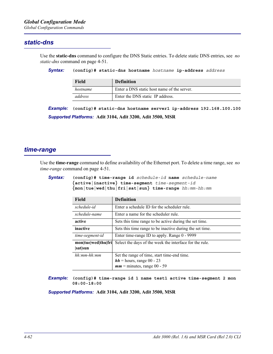 Static-dns, Time-range, Static-dns -62 time-range -62 | Carrier Access Adit 3000 Series and Multi-Service Router (MSR) Card none User Manual | Page 188 / 496