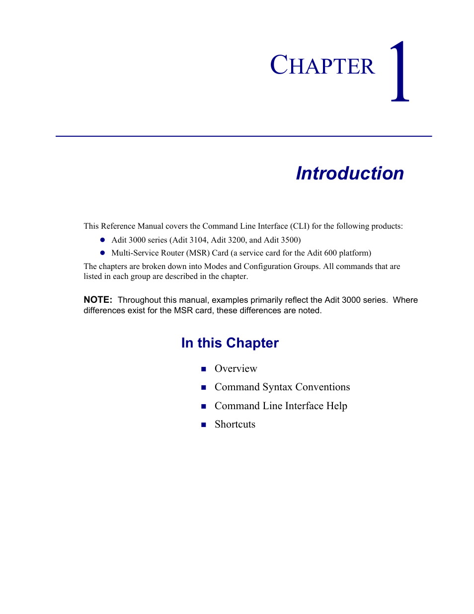 1–introduction, Introduction, Hapter | Carrier Access Adit 3000 Series and Multi-Service Router (MSR) Card none User Manual | Page 19 / 496