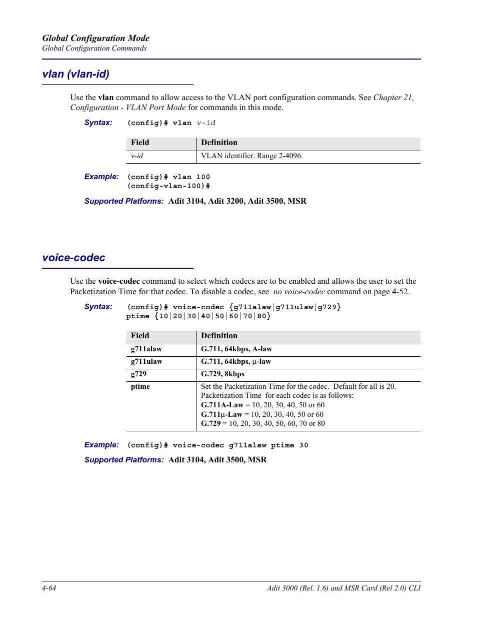 Vlan (vlan-id), Voice-codec, Vlan (vlan-id) -64 voice-codec -64 | Carrier Access Adit 3000 Series and Multi-Service Router (MSR) Card none User Manual | Page 190 / 496