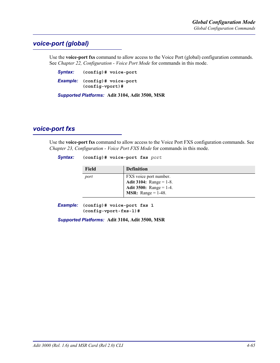 Voice-port (global), Voice-port fxs, Voice-port (global) -65 voice-port fxs -65 | Carrier Access Adit 3000 Series and Multi-Service Router (MSR) Card none User Manual | Page 191 / 496