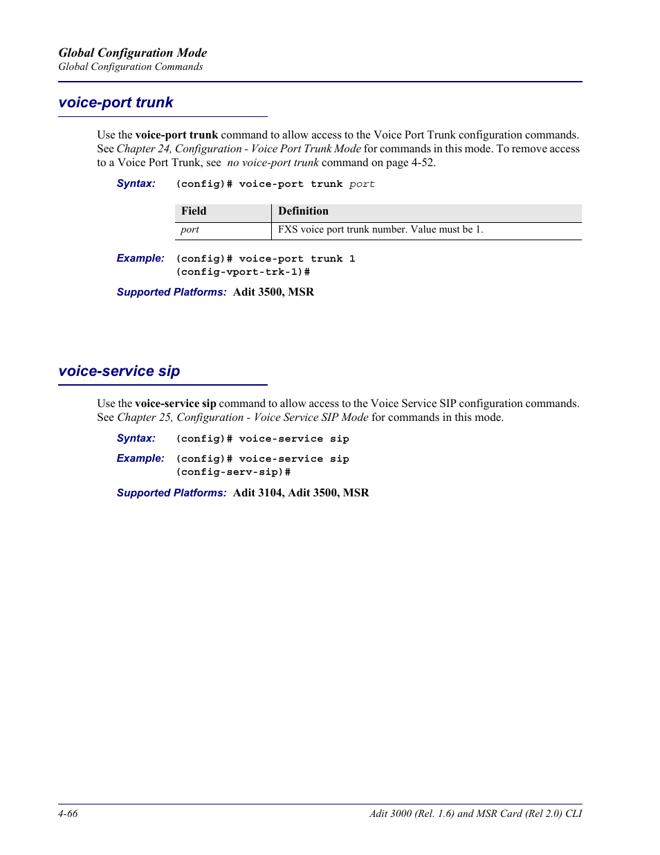 Voice-port trunk, Voice-service sip, Voice-port trunk -66 voice-service sip -66 | Carrier Access Adit 3000 Series and Multi-Service Router (MSR) Card none User Manual | Page 192 / 496