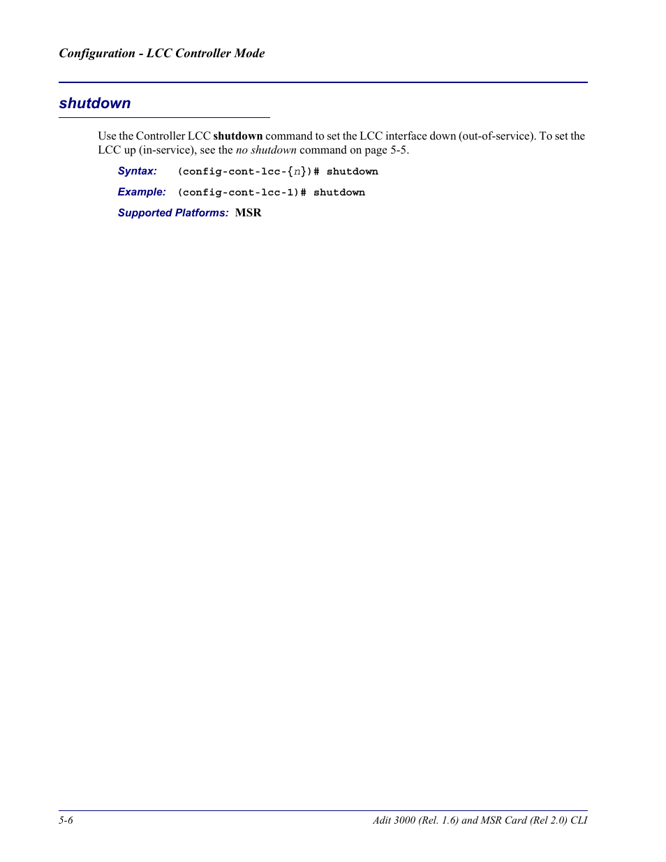 Shutdown, Shutdown -6 | Carrier Access Adit 3000 Series and Multi-Service Router (MSR) Card none User Manual | Page 198 / 496