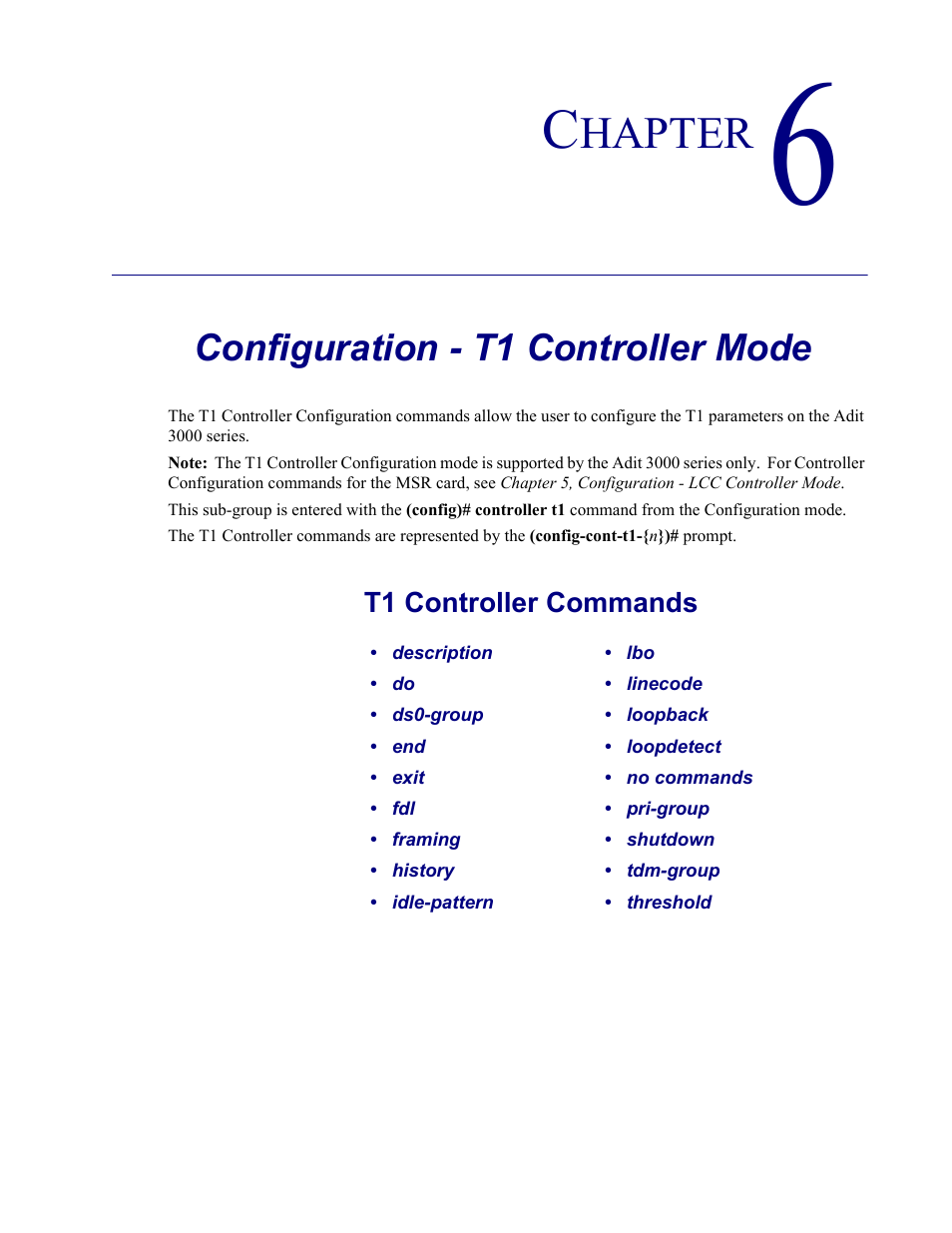 6–configuration - t1 controller mode, Configuration - t1 controller mode, Chapter 6, configuration - t1 controller mode | Hapter | Carrier Access Adit 3000 Series and Multi-Service Router (MSR) Card none User Manual | Page 199 / 496