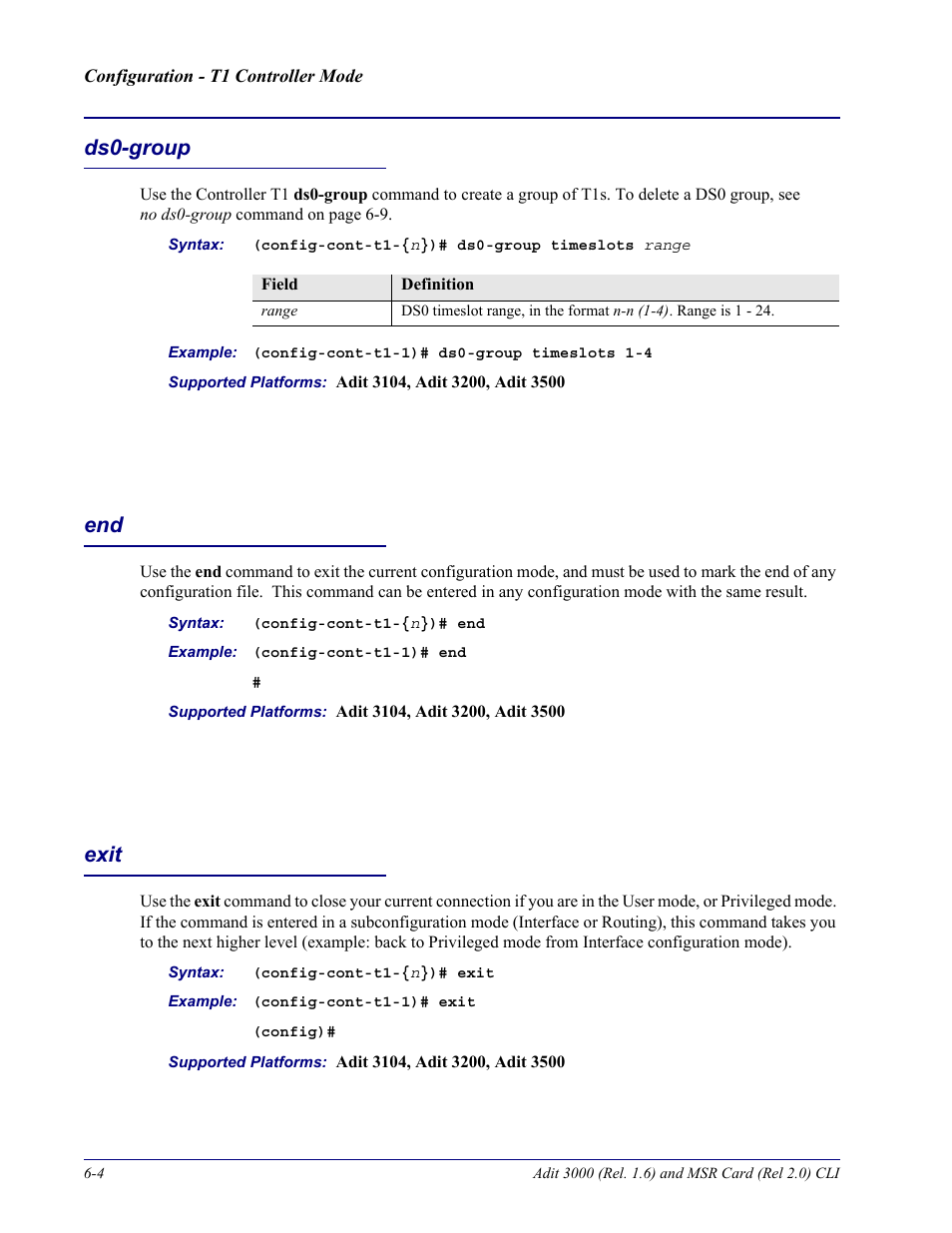 Ds0-group, Exit, Ds0-group -4 end -4 exit -4 | Carrier Access Adit 3000 Series and Multi-Service Router (MSR) Card none User Manual | Page 202 / 496