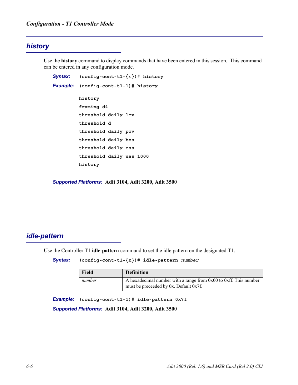 History, Idle-pattern, History -6 idle-pattern -6 | Carrier Access Adit 3000 Series and Multi-Service Router (MSR) Card none User Manual | Page 204 / 496