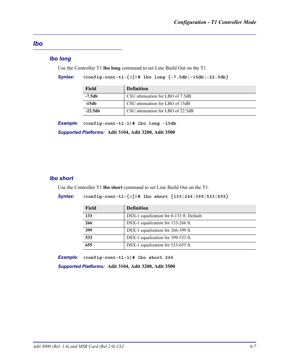 Lbo long, Lbo short, Lbo -7 | Carrier Access Adit 3000 Series and Multi-Service Router (MSR) Card none User Manual | Page 205 / 496