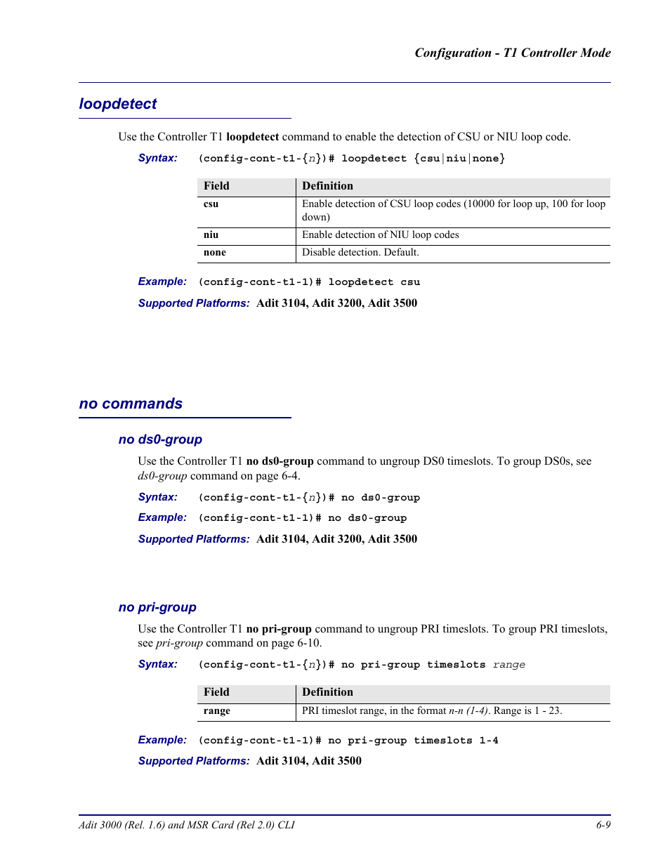 Loopdetect, No commands, No ds0-group | No pri-group, Loopdetect -9 no commands -9 | Carrier Access Adit 3000 Series and Multi-Service Router (MSR) Card none User Manual | Page 207 / 496