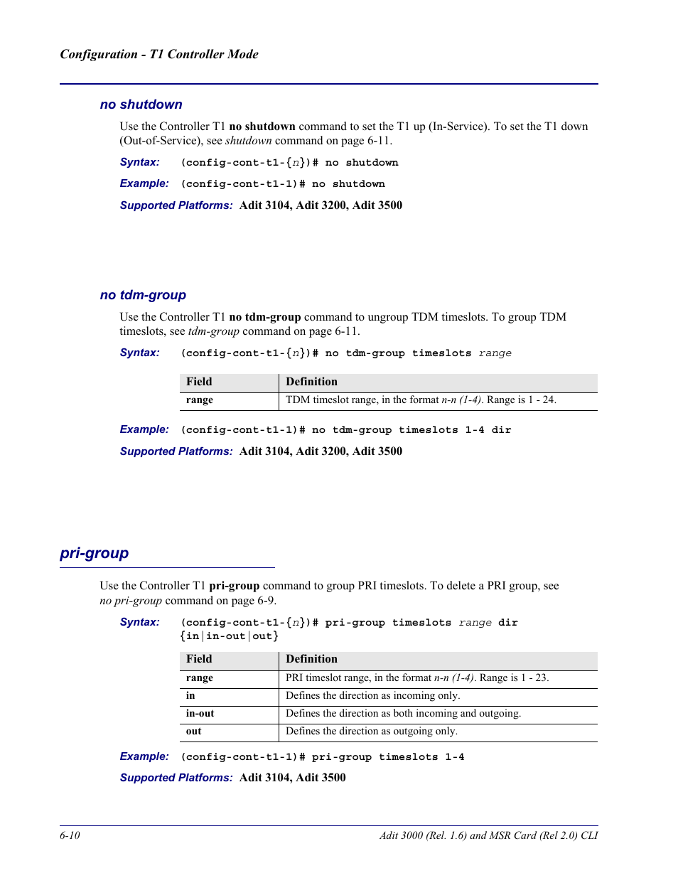 No shutdown, No tdm-group, Pri-group | Pri-group -10 | Carrier Access Adit 3000 Series and Multi-Service Router (MSR) Card none User Manual | Page 208 / 496