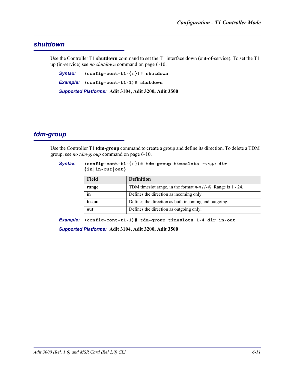Shutdown, Tdm-group, Shutdown -11 tdm-group -11 | Carrier Access Adit 3000 Series and Multi-Service Router (MSR) Card none User Manual | Page 209 / 496