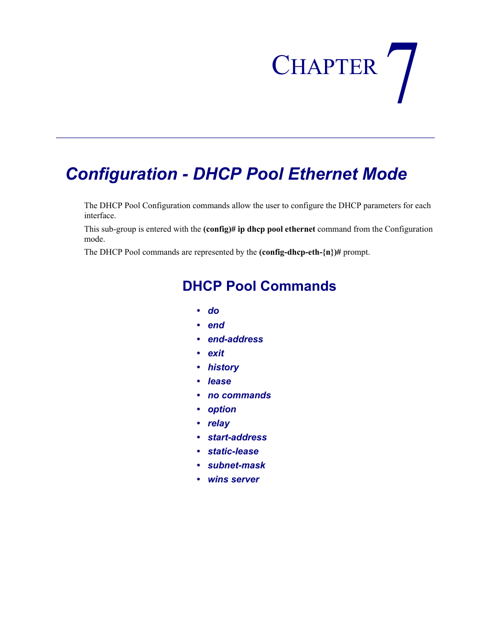 7–configuration - dhcp pool ethernet mode, Configuration - dhcp pool ethernet mode | Carrier Access Adit 3000 Series and Multi-Service Router (MSR) Card none User Manual | Page 211 / 496