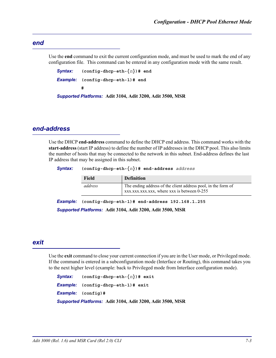 End-address, Exit, End -3 end-address -3 exit -3 | Carrier Access Adit 3000 Series and Multi-Service Router (MSR) Card none User Manual | Page 213 / 496
