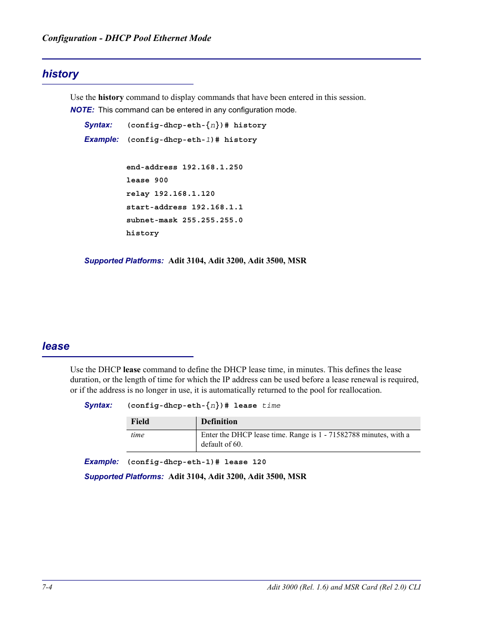 History, Lease, History -4 lease -4 | Carrier Access Adit 3000 Series and Multi-Service Router (MSR) Card none User Manual | Page 214 / 496
