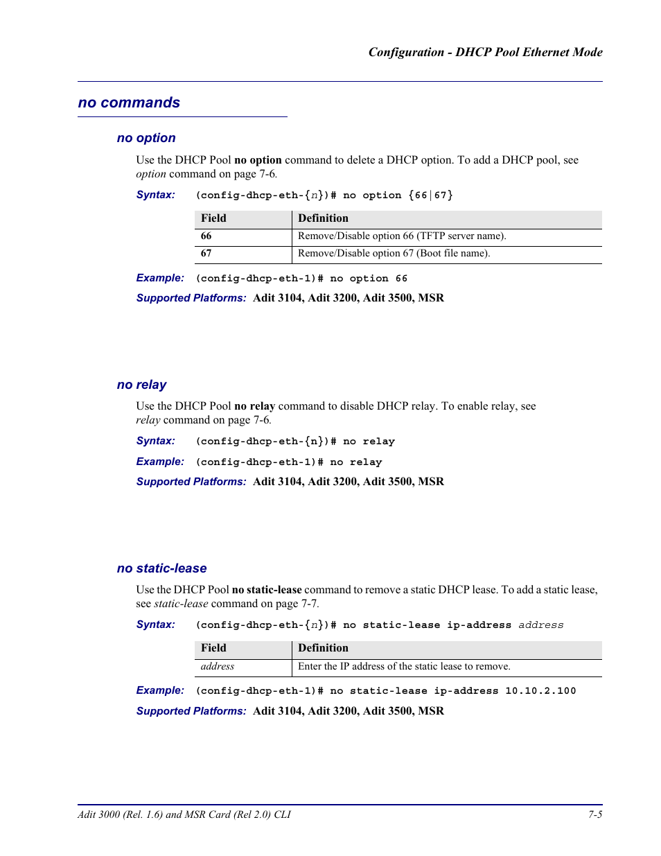No commands, No option, No relay | No static-lease, No commands -5 | Carrier Access Adit 3000 Series and Multi-Service Router (MSR) Card none User Manual | Page 215 / 496