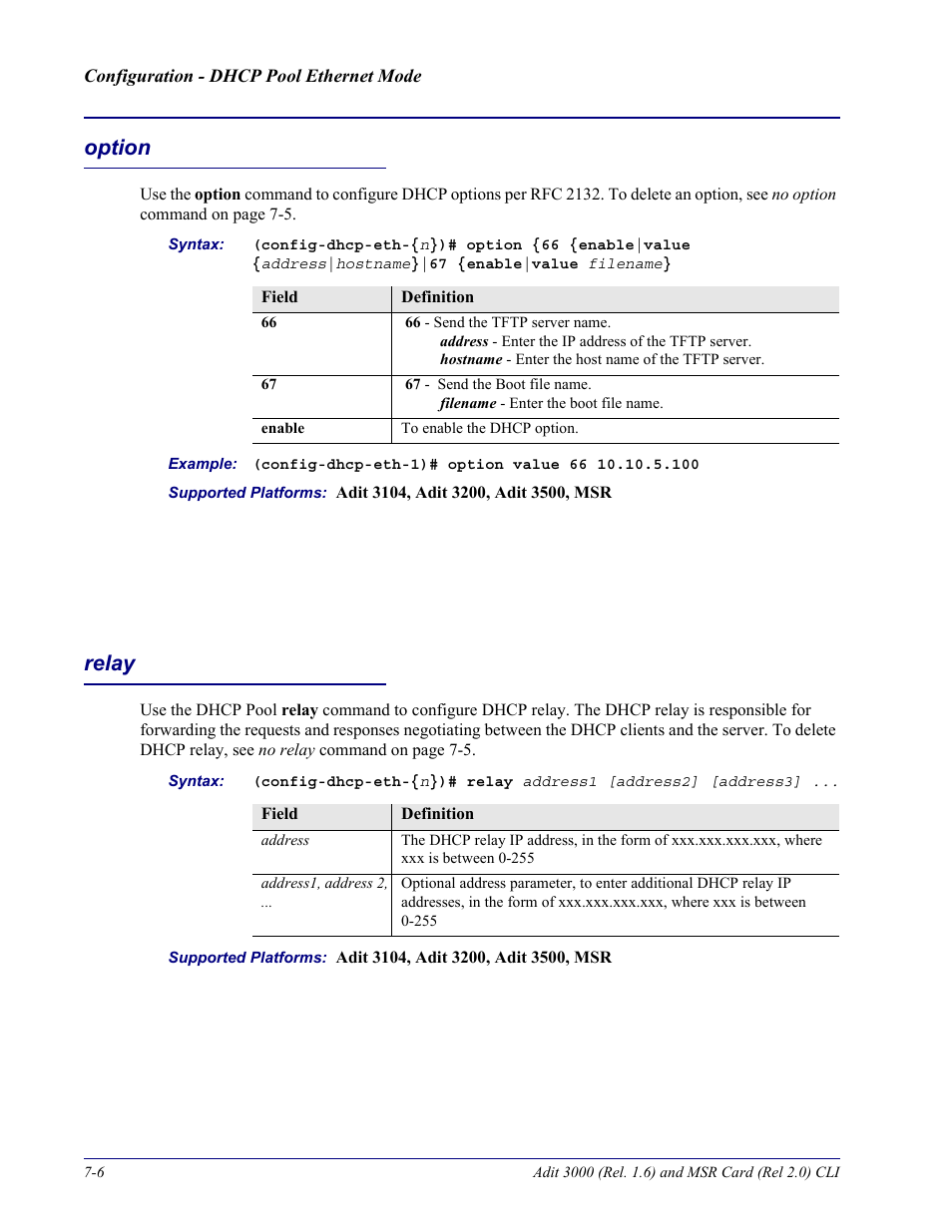 Option, Relay, Option -6 relay -6 | Carrier Access Adit 3000 Series and Multi-Service Router (MSR) Card none User Manual | Page 216 / 496