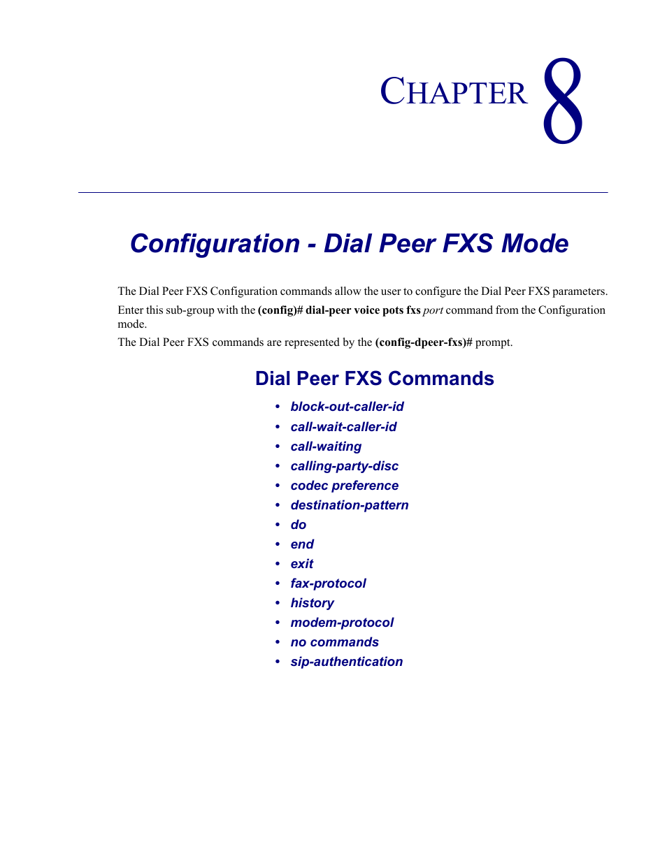 8–configuration - dial peer fxs mode, Configuration - dial peer fxs mode, Chapter 8, configuration - dial peer fxs mode | Carrier Access Adit 3000 Series and Multi-Service Router (MSR) Card none User Manual | Page 219 / 496