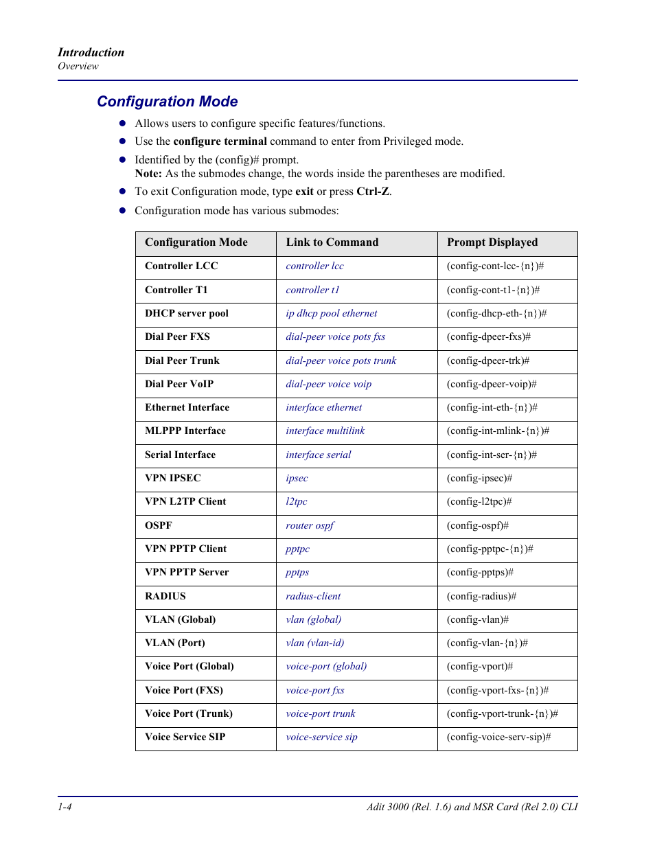 Configuration mode, Configuration mode -4 | Carrier Access Adit 3000 Series and Multi-Service Router (MSR) Card none User Manual | Page 22 / 496