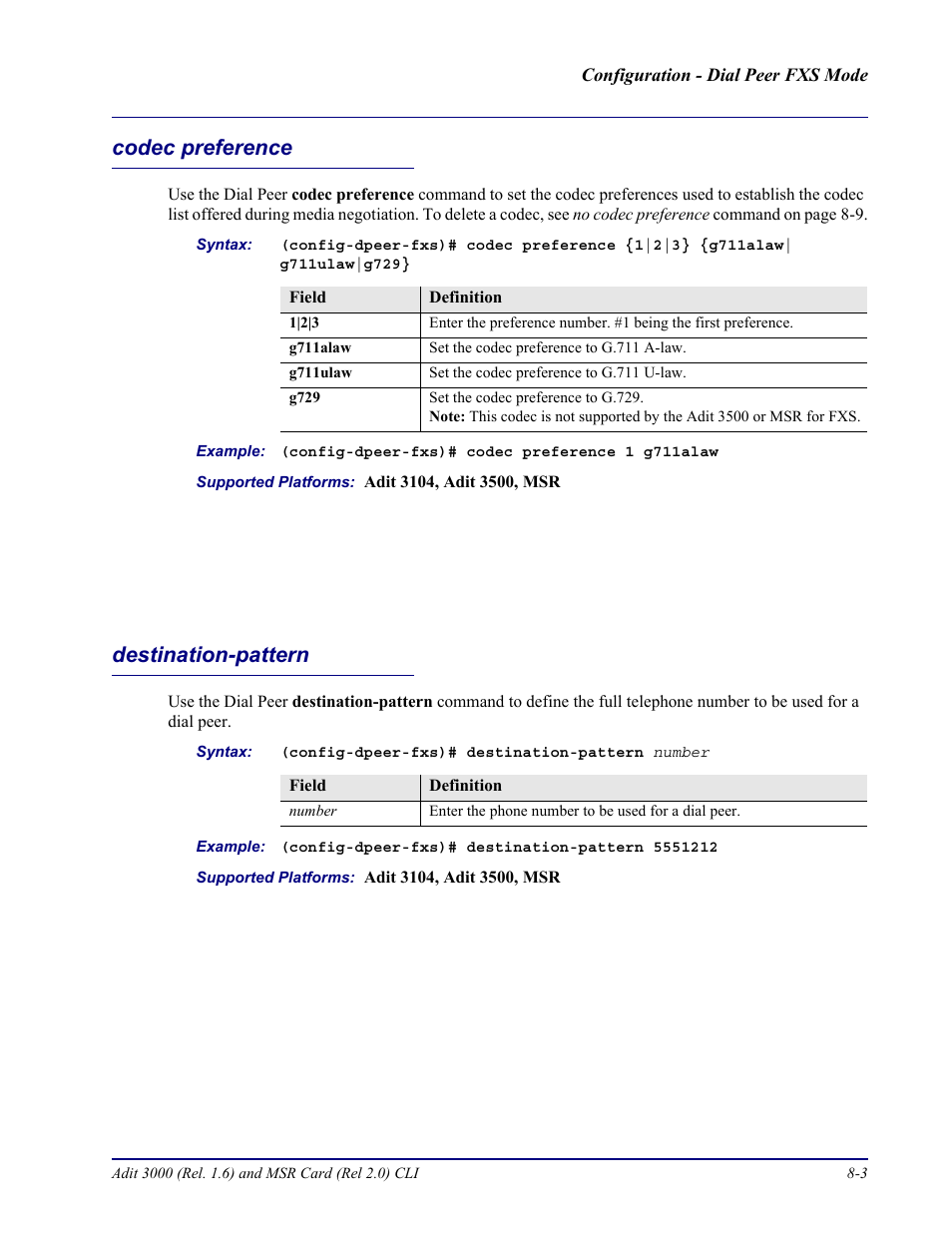 Codec preference, Destination-pattern, Codec preference -3 destination-pattern -3 | Carrier Access Adit 3000 Series and Multi-Service Router (MSR) Card none User Manual | Page 221 / 496