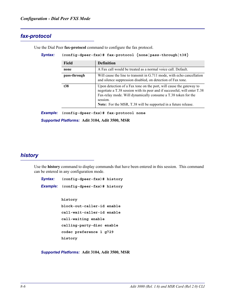 Fax-protocol, History, Fax-protocol -6 history -6 | Carrier Access Adit 3000 Series and Multi-Service Router (MSR) Card none User Manual | Page 224 / 496
