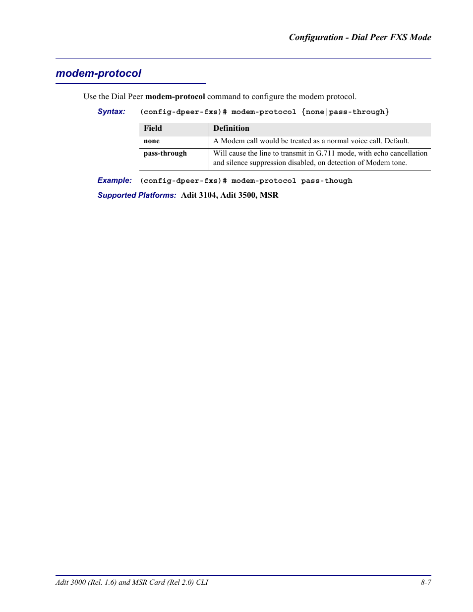Modem-protocol, Modem-protocol -7 | Carrier Access Adit 3000 Series and Multi-Service Router (MSR) Card none User Manual | Page 225 / 496