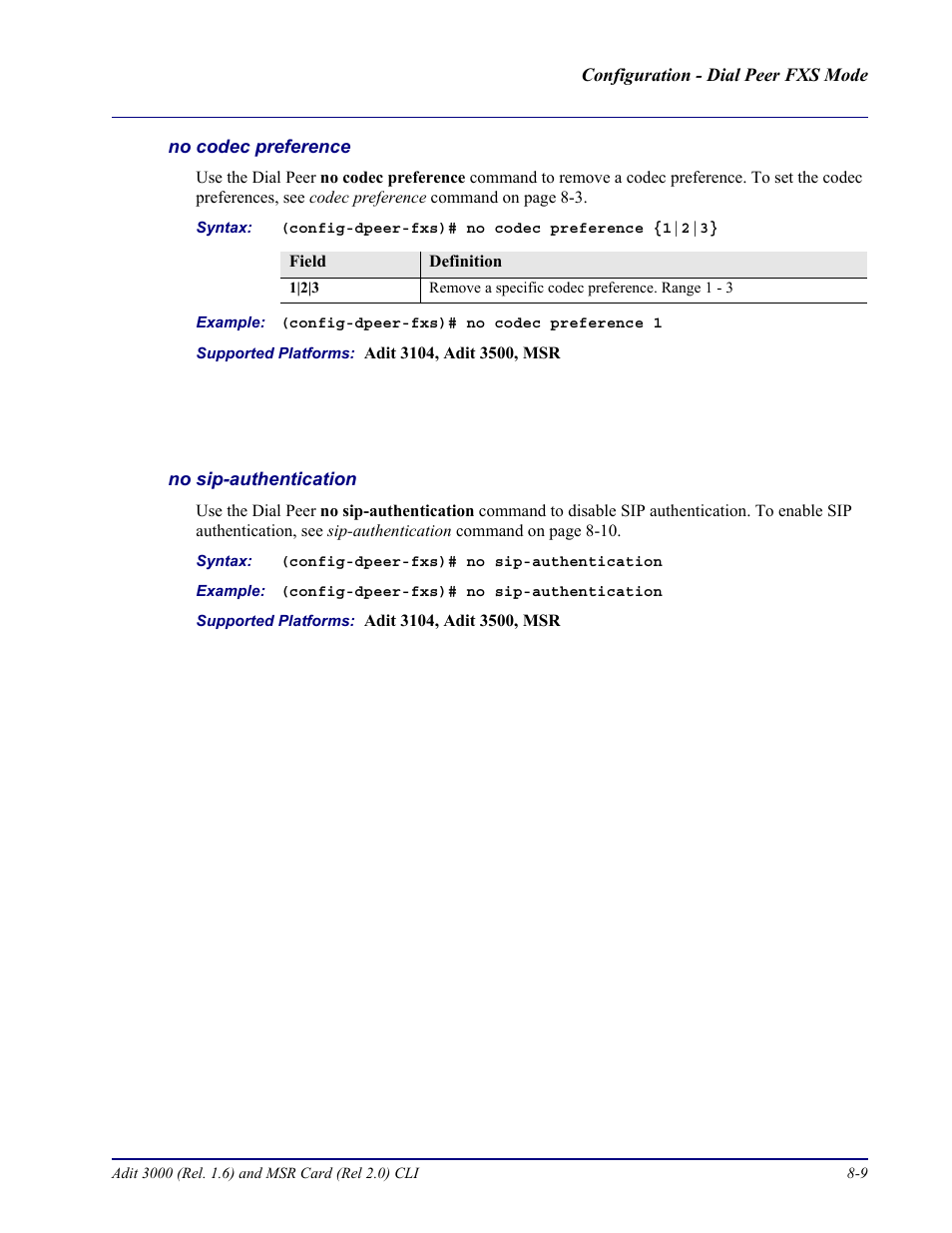 No codec preference, No sip-authentication | Carrier Access Adit 3000 Series and Multi-Service Router (MSR) Card none User Manual | Page 227 / 496