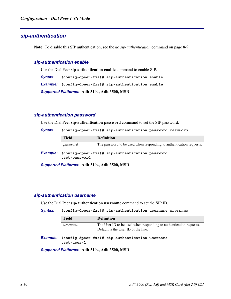 Sip-authentication, Sip-authentication enable, Sip-authentication password | Sip-authentication username, Sip-authentication -10 | Carrier Access Adit 3000 Series and Multi-Service Router (MSR) Card none User Manual | Page 228 / 496