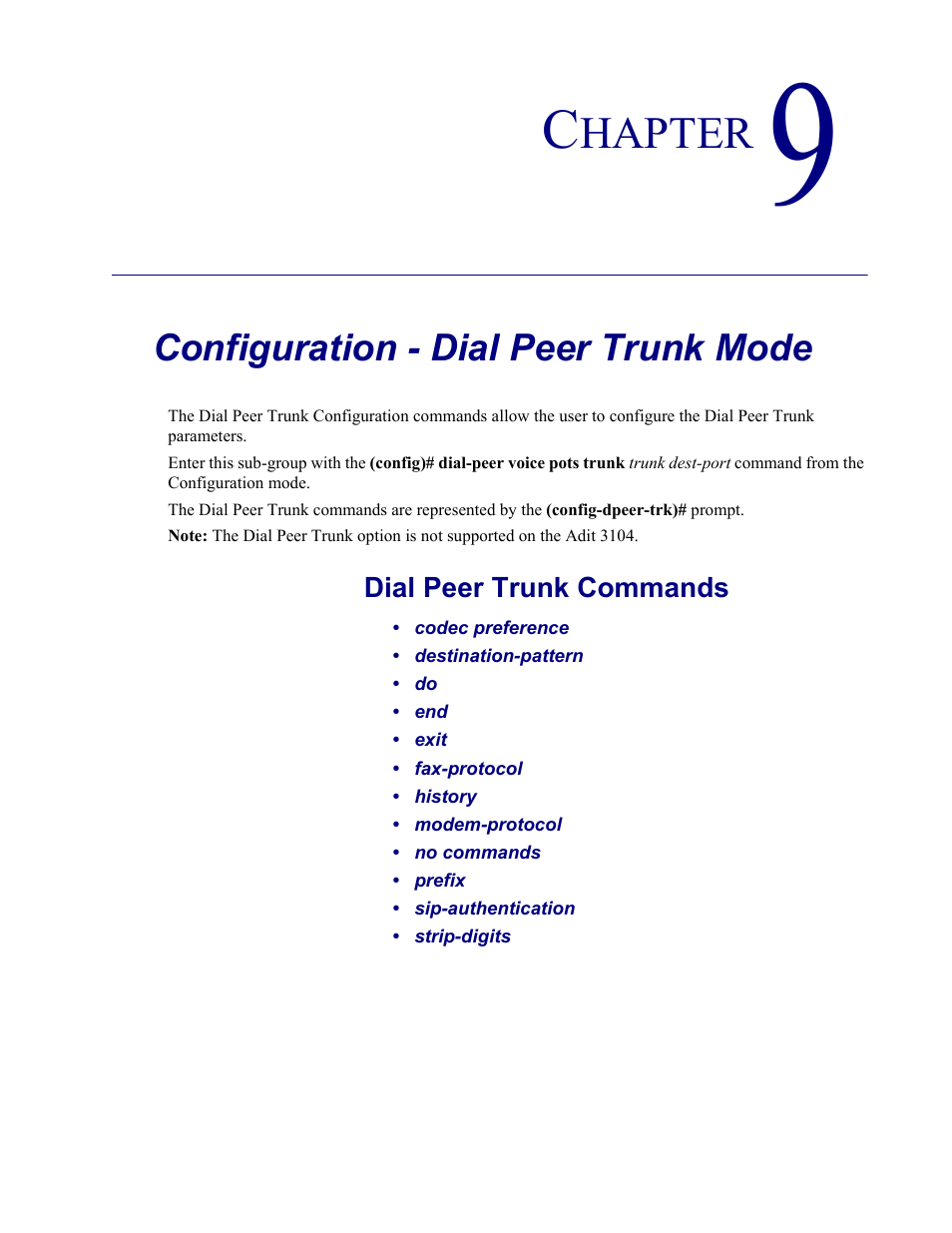 9–configuration - dial peer trunk mode, Configuration - dial peer trunk mode, Chapter 9, configuration - dial peer trunk mode | Carrier Access Adit 3000 Series and Multi-Service Router (MSR) Card none User Manual | Page 229 / 496