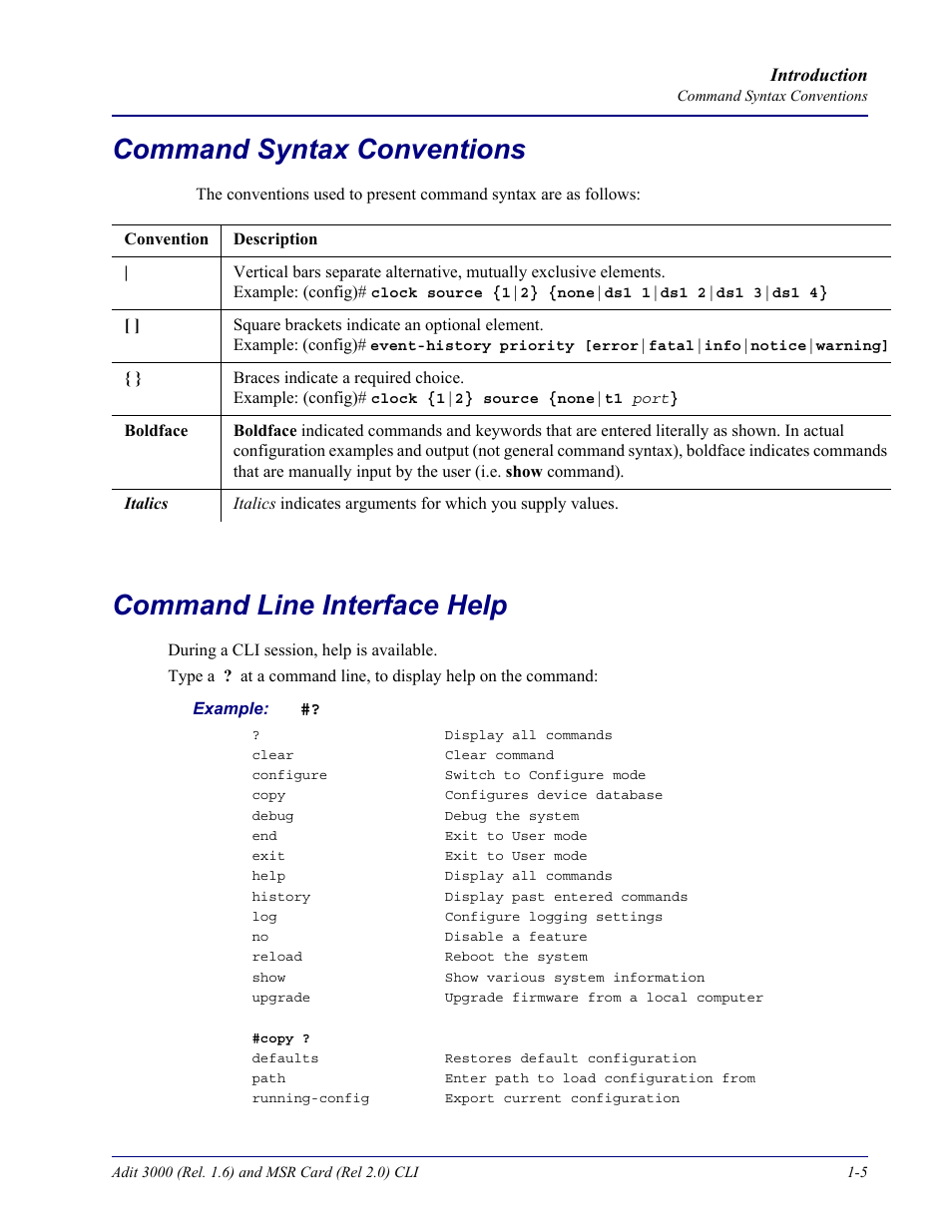 Command syntax conventions, Command line interface help | Carrier Access Adit 3000 Series and Multi-Service Router (MSR) Card none User Manual | Page 23 / 496
