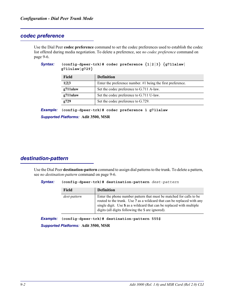 Codec preference, Destination-pattern, Codec preference -2 destination-pattern -2 | Carrier Access Adit 3000 Series and Multi-Service Router (MSR) Card none User Manual | Page 230 / 496
