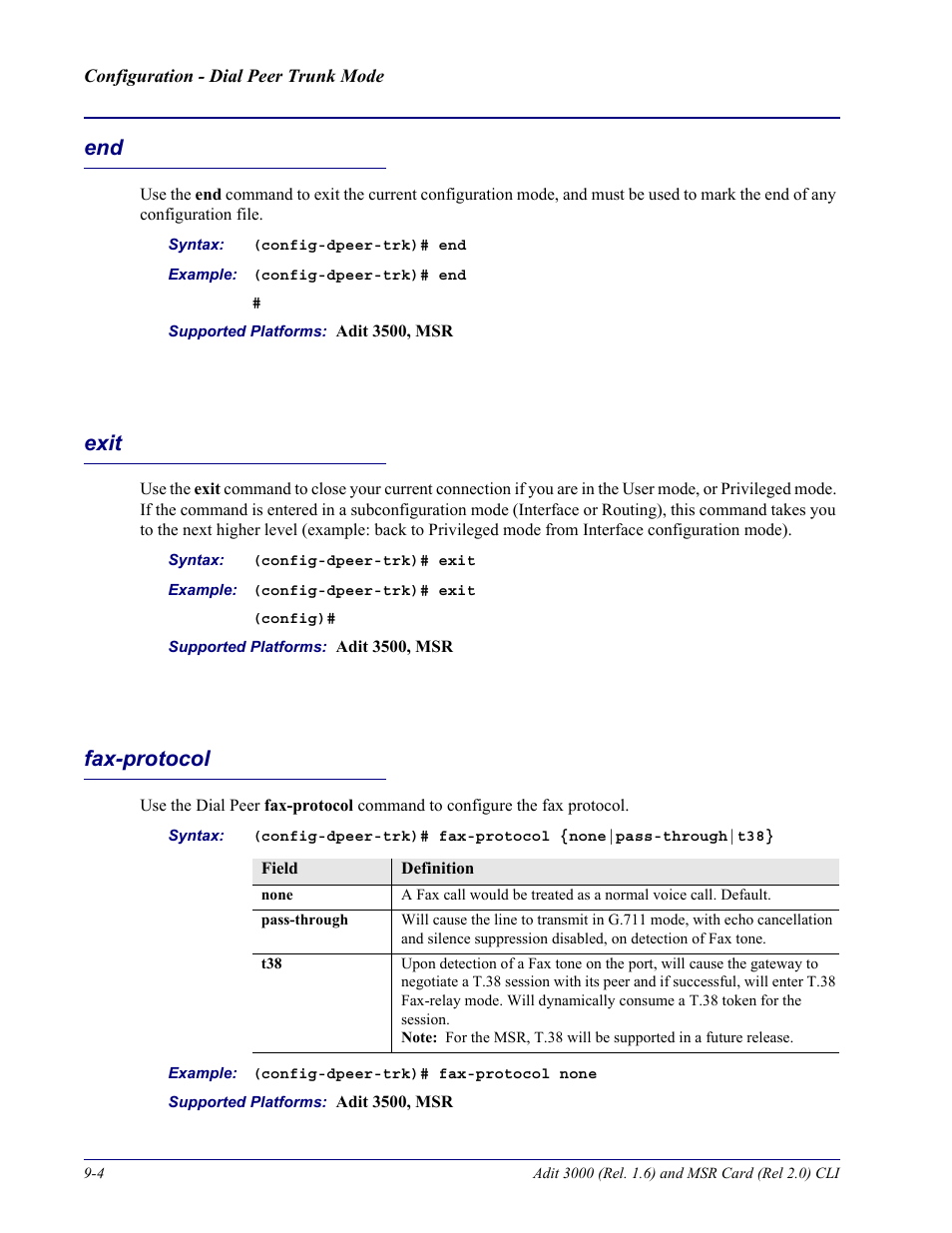 Exit, Fax-protocol, End -4 exit -4 fax-protocol -4 | Carrier Access Adit 3000 Series and Multi-Service Router (MSR) Card none User Manual | Page 232 / 496