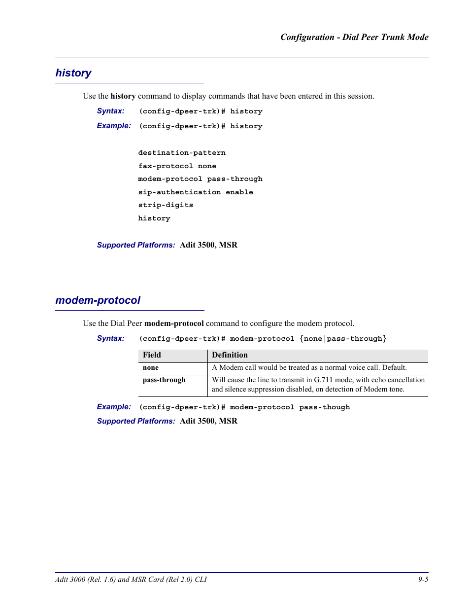 History, Modem-protocol, History -5 modem-protocol -5 | Carrier Access Adit 3000 Series and Multi-Service Router (MSR) Card none User Manual | Page 233 / 496