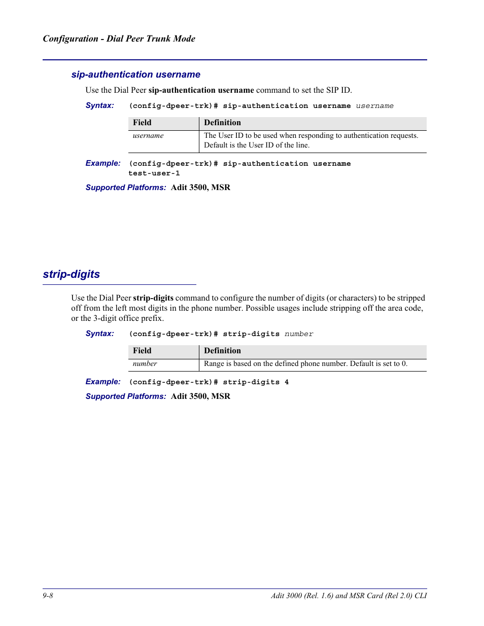 Sip-authentication username, Strip-digits, Strip-digits -8 | Carrier Access Adit 3000 Series and Multi-Service Router (MSR) Card none User Manual | Page 236 / 496
