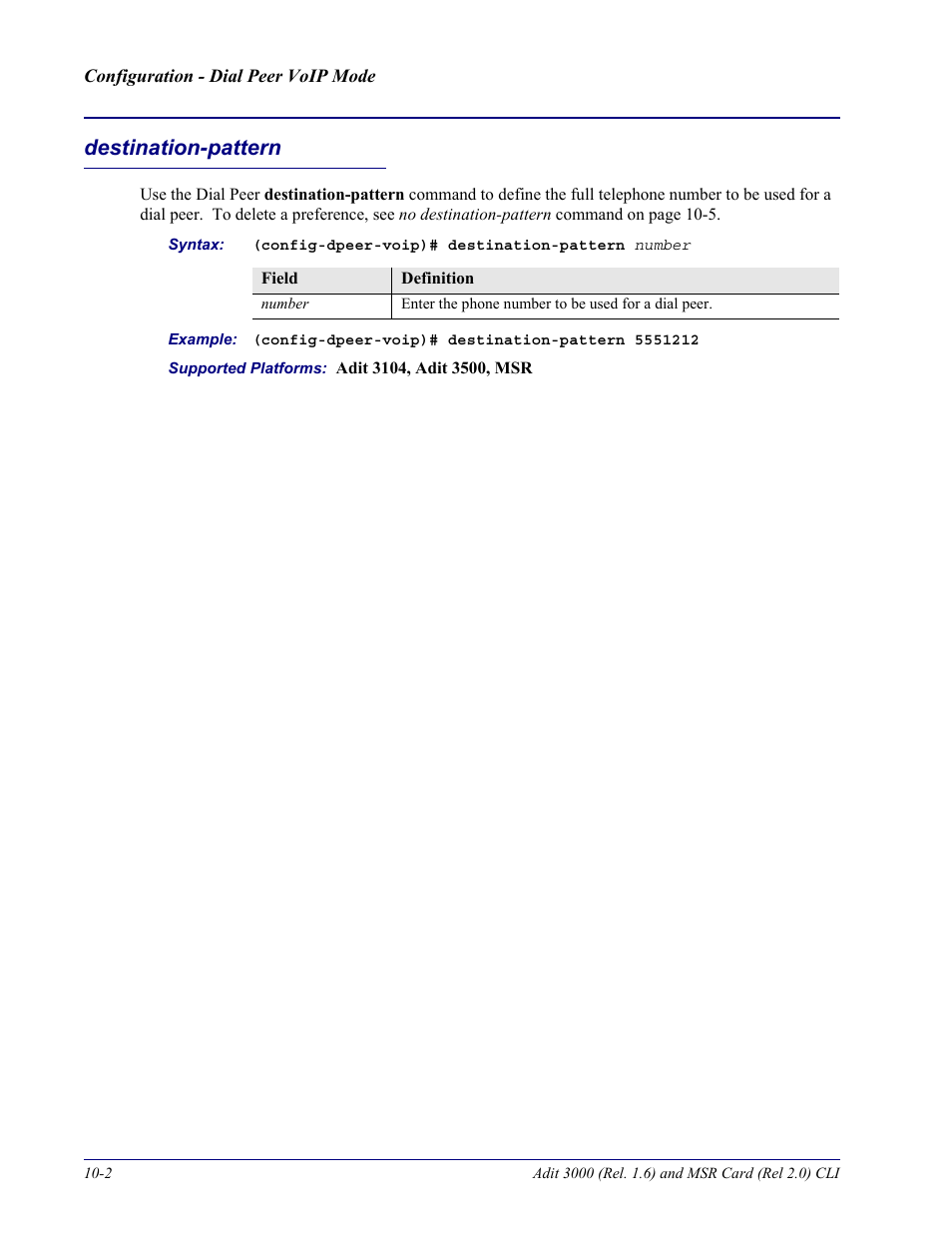 Destination-pattern, Destination-pattern -2 | Carrier Access Adit 3000 Series and Multi-Service Router (MSR) Card none User Manual | Page 238 / 496