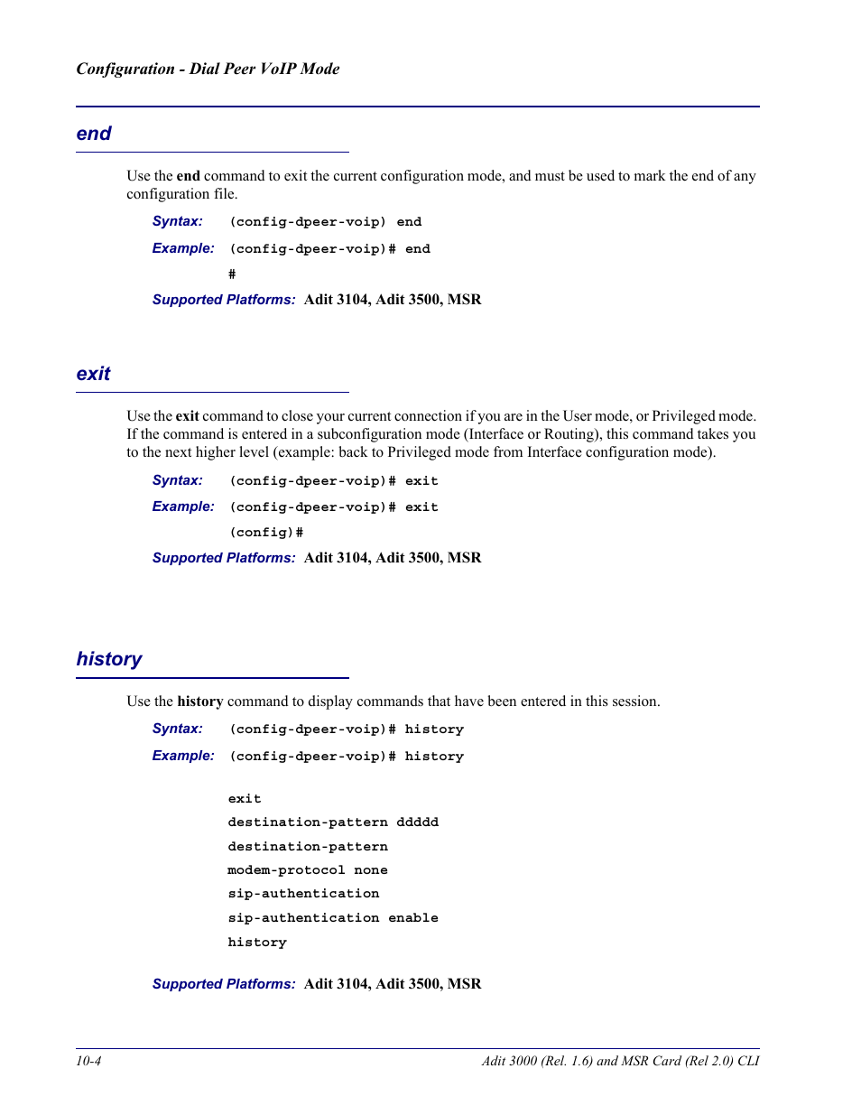 Exit, History, End -4 exit -4 history -4 | Carrier Access Adit 3000 Series and Multi-Service Router (MSR) Card none User Manual | Page 240 / 496