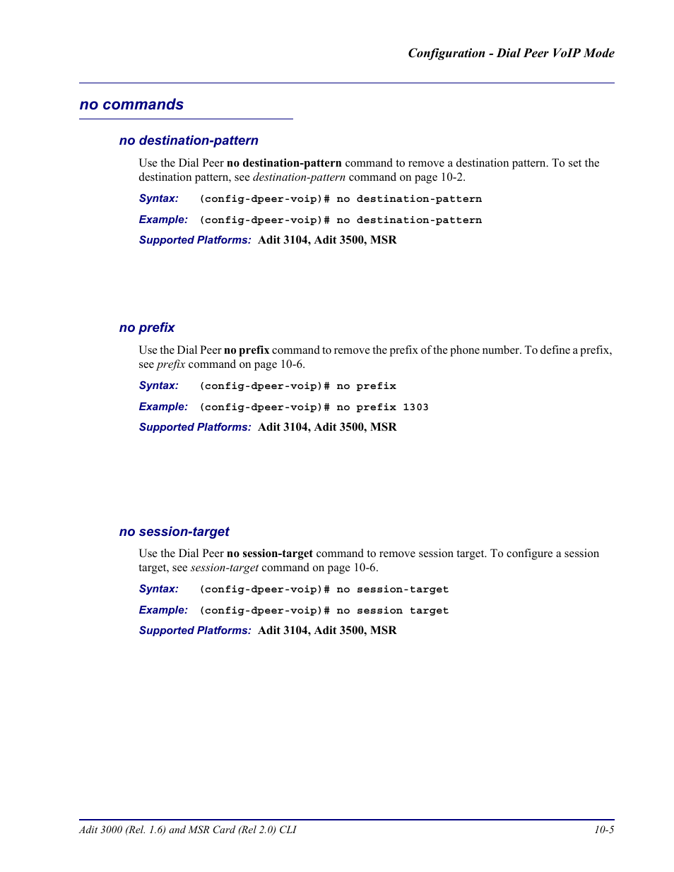 No commands, No destination-pattern, No prefix | No session-target, No commands -5 | Carrier Access Adit 3000 Series and Multi-Service Router (MSR) Card none User Manual | Page 241 / 496
