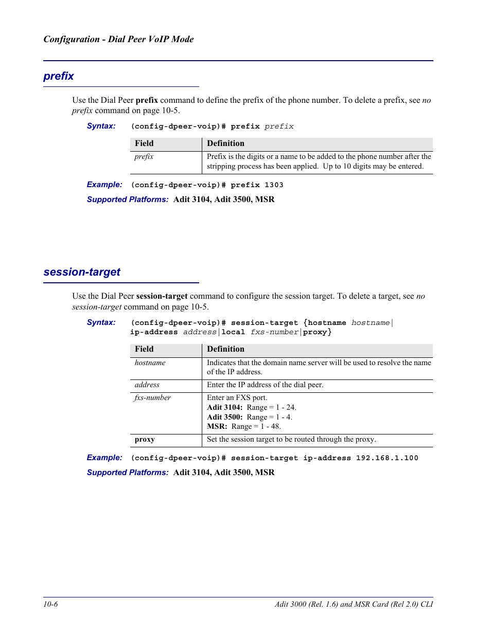 Prefix, Session-target, Prefix -6 session-target -6 | Carrier Access Adit 3000 Series and Multi-Service Router (MSR) Card none User Manual | Page 242 / 496