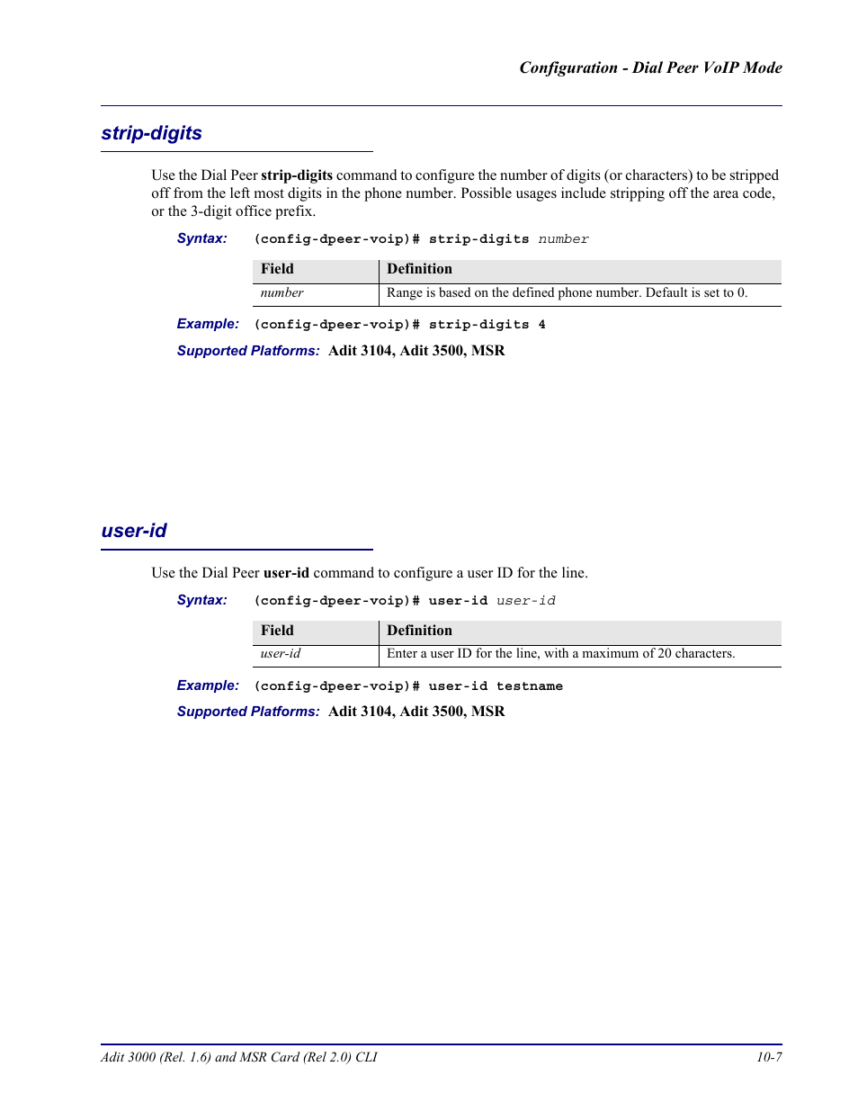 Strip-digits, User-id, Strip-digits -7 user-id -7 | Carrier Access Adit 3000 Series and Multi-Service Router (MSR) Card none User Manual | Page 243 / 496