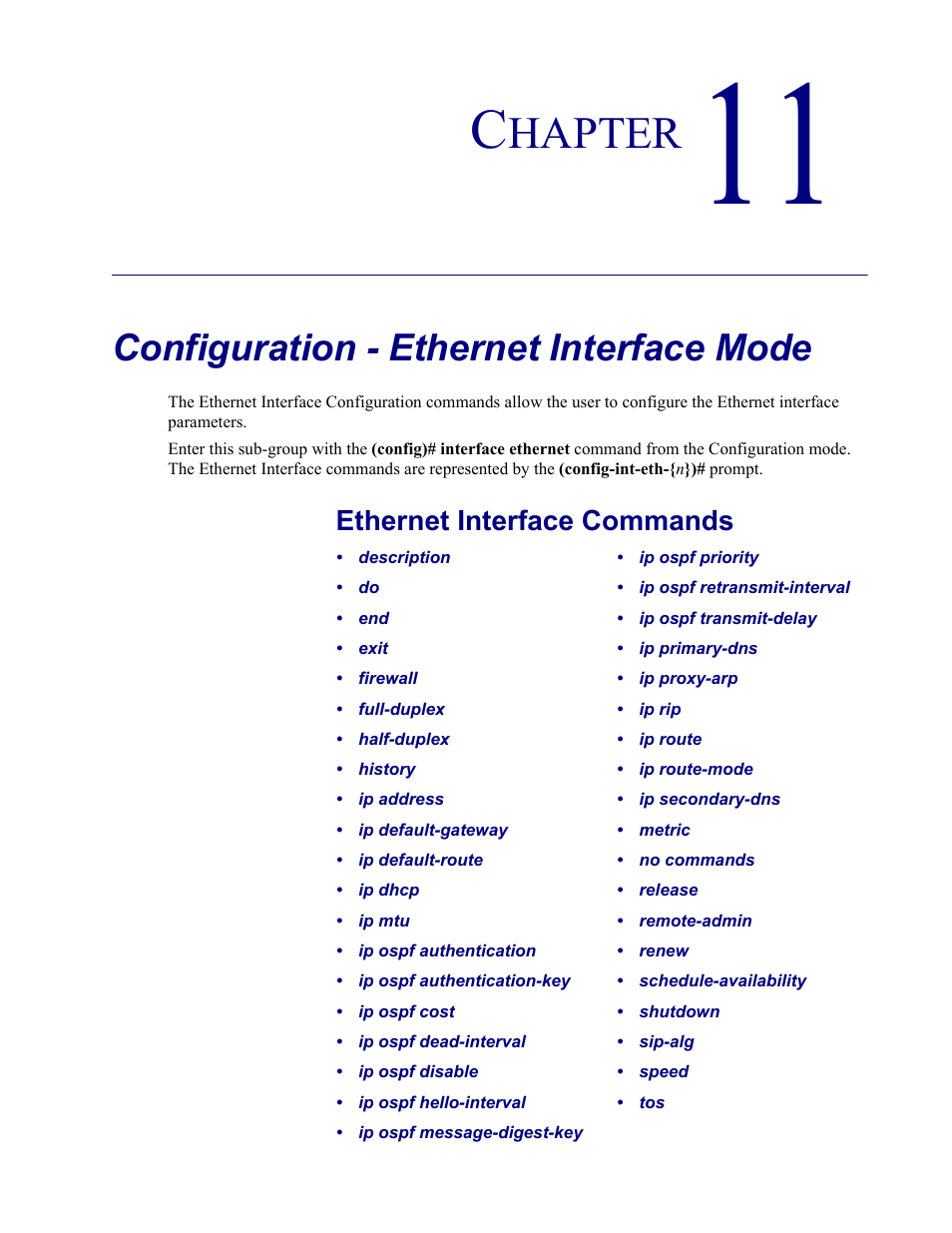 11–configuration - ethernet interface mode, Configuration - ethernet interface mode, Hapter | Ethernet interface commands | Carrier Access Adit 3000 Series and Multi-Service Router (MSR) Card none User Manual | Page 245 / 496