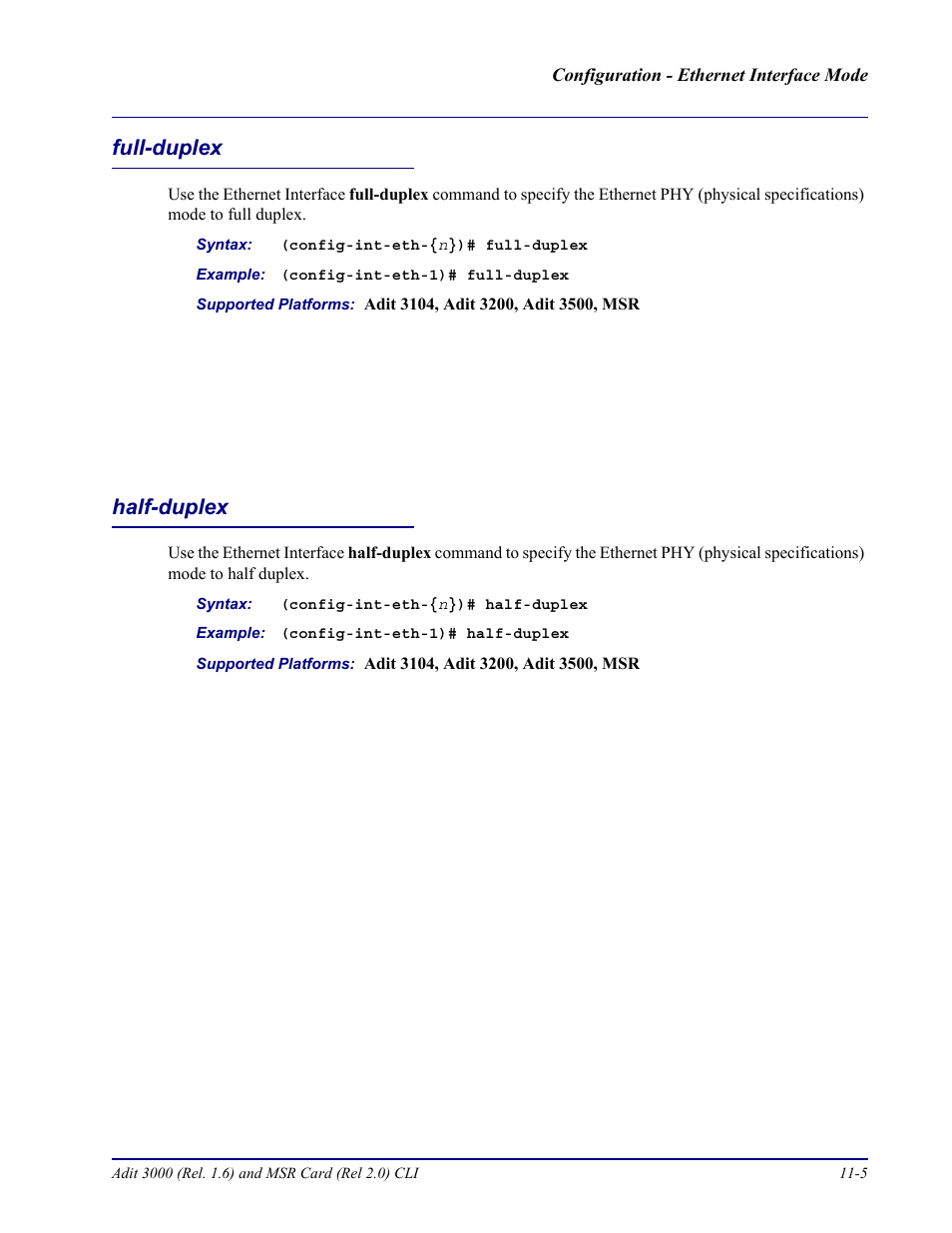 Full-duplex, Half-duplex, Full-duplex -5 half-duplex -5 | Carrier Access Adit 3000 Series and Multi-Service Router (MSR) Card none User Manual | Page 249 / 496
