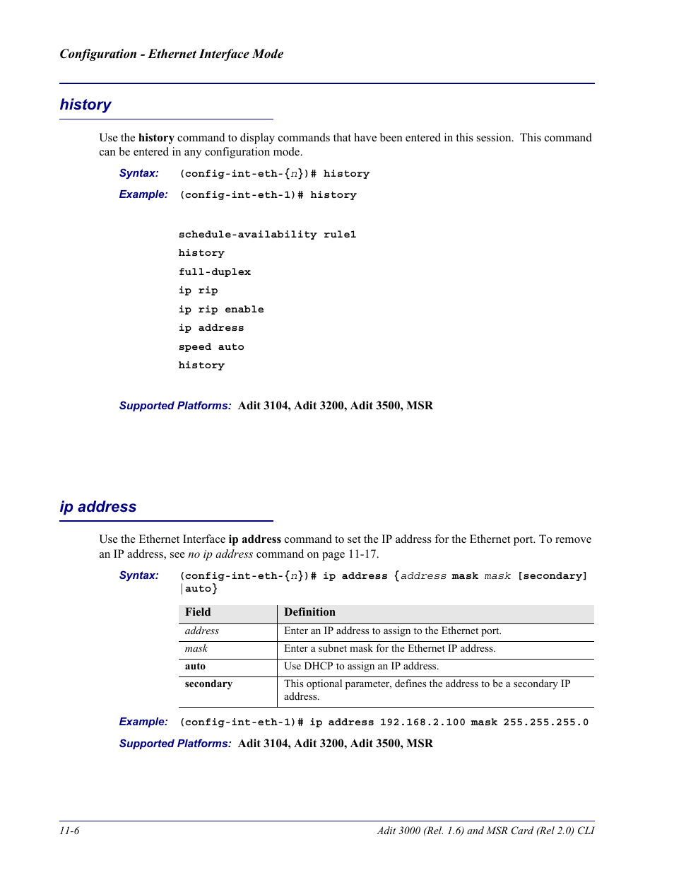 History, Ip address, History -6 ip address -6 | Carrier Access Adit 3000 Series and Multi-Service Router (MSR) Card none User Manual | Page 250 / 496