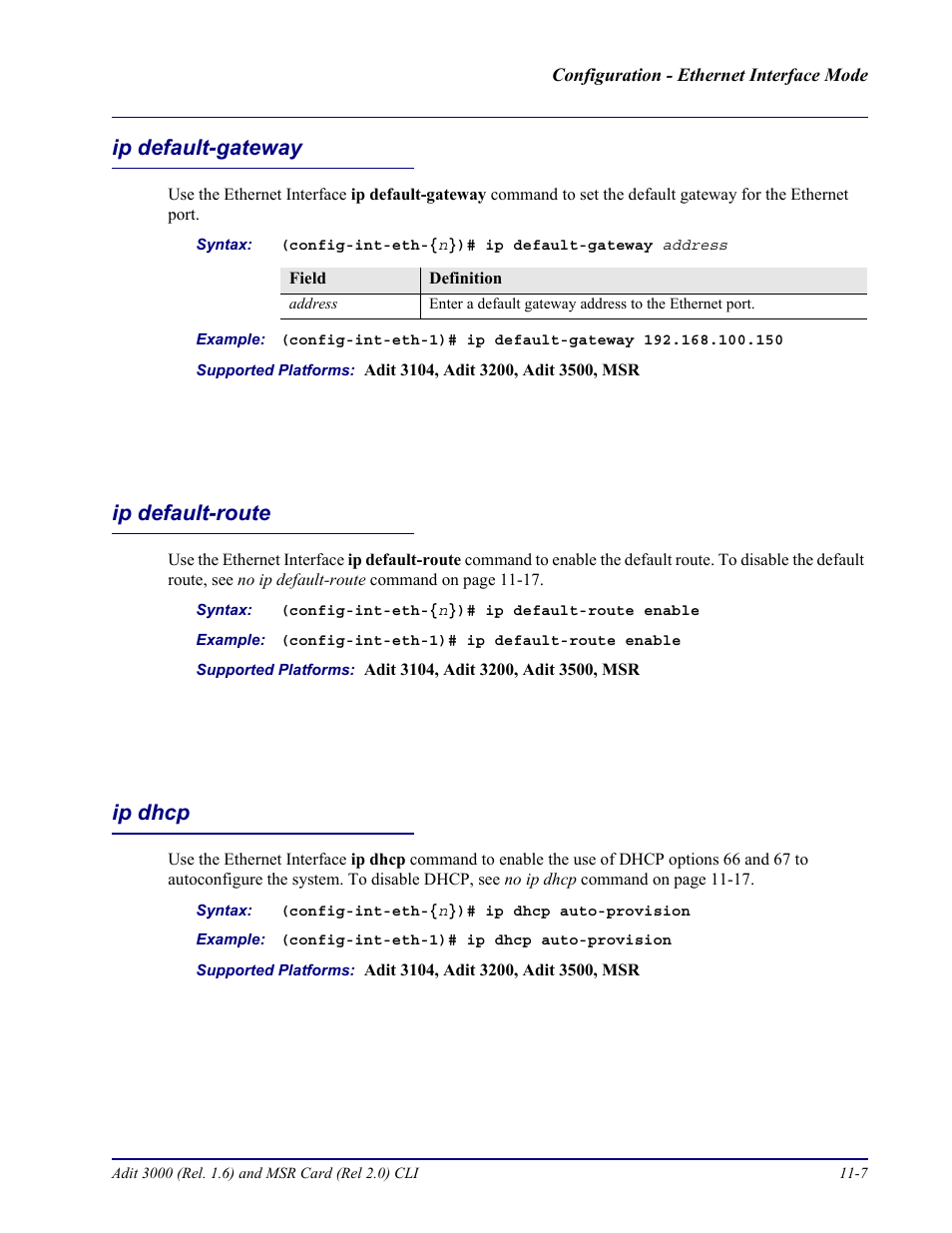 Ip default-gateway, Ip default-route, Ip dhcp | Carrier Access Adit 3000 Series and Multi-Service Router (MSR) Card none User Manual | Page 251 / 496