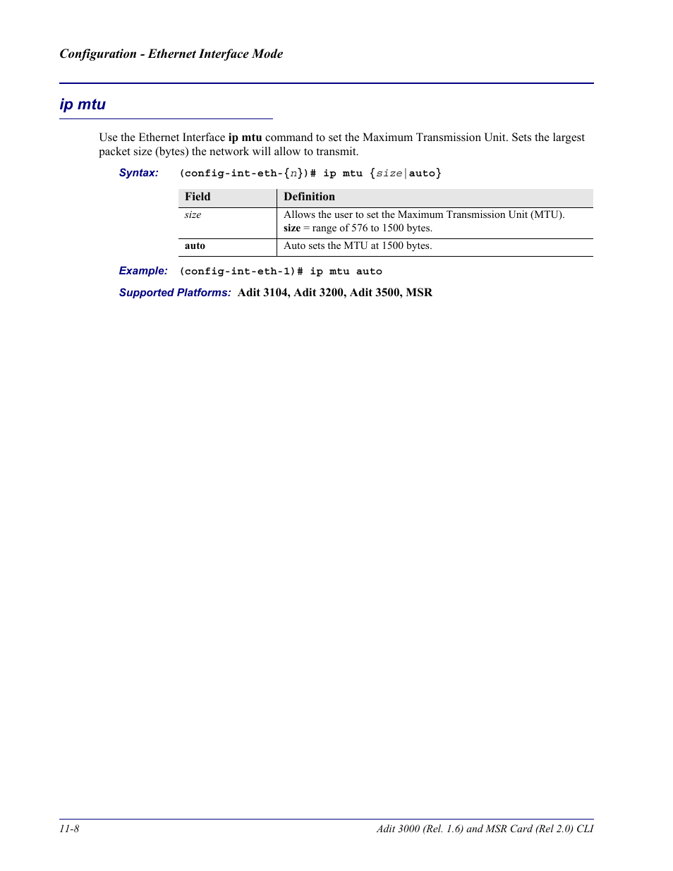 Ip mtu, Ip mtu -8 | Carrier Access Adit 3000 Series and Multi-Service Router (MSR) Card none User Manual | Page 252 / 496